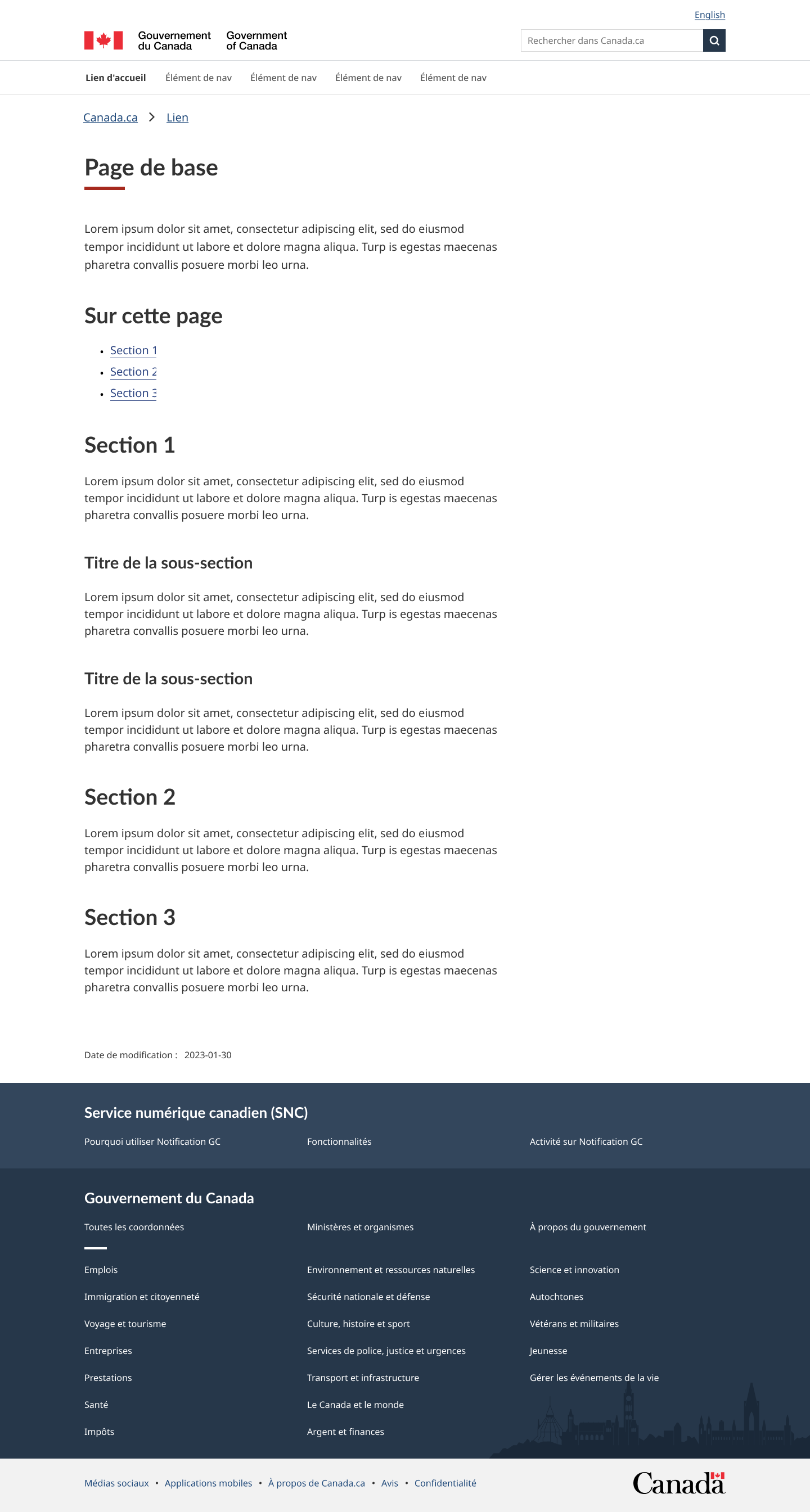 Le modèle de page de base comprend l’en-tête et le pied de page du Gouvernement du Canada, ainsi que des sections de titre H1, H2 et H3, chacune accompagnée de texte.